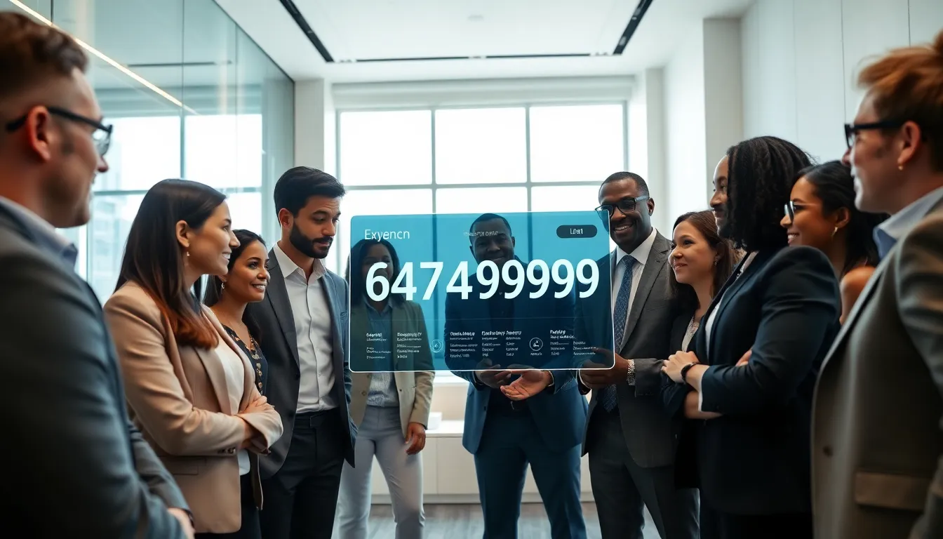 professionals discussing a digital dashboard with the number 6472498929.